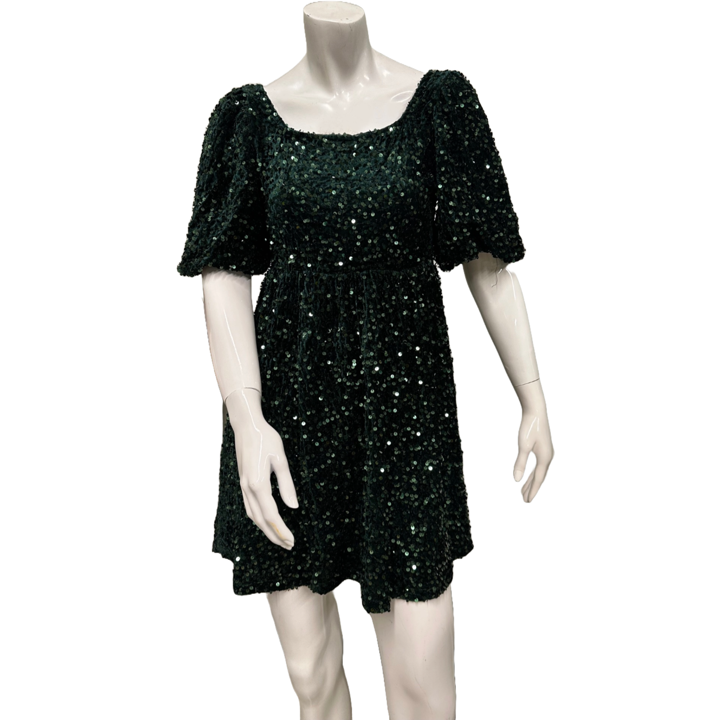 Listicle Ladies Sequin Puff Sleeve Velvet Green Babydoll Dress LD1300-GRN Listicle Ladies Sequin Puff Sleeve Velvet Green Babydoll Dress LD1300-GRN