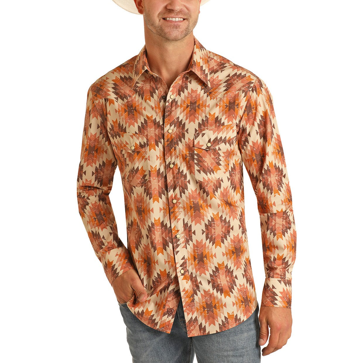 Rock & Roll Cowboy® Men's Orange Aztec Print Snap Up Shirt B2S3301