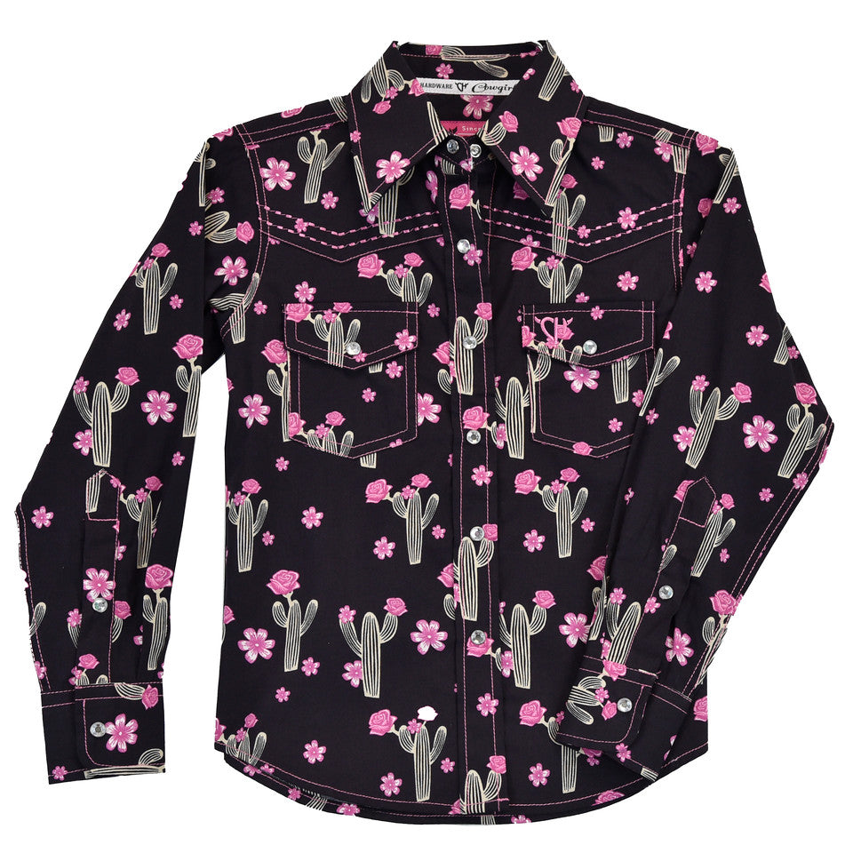 Cowgirl Hardware Girl's Cactus Rose Graphic Black Snap Shirt 425526-144