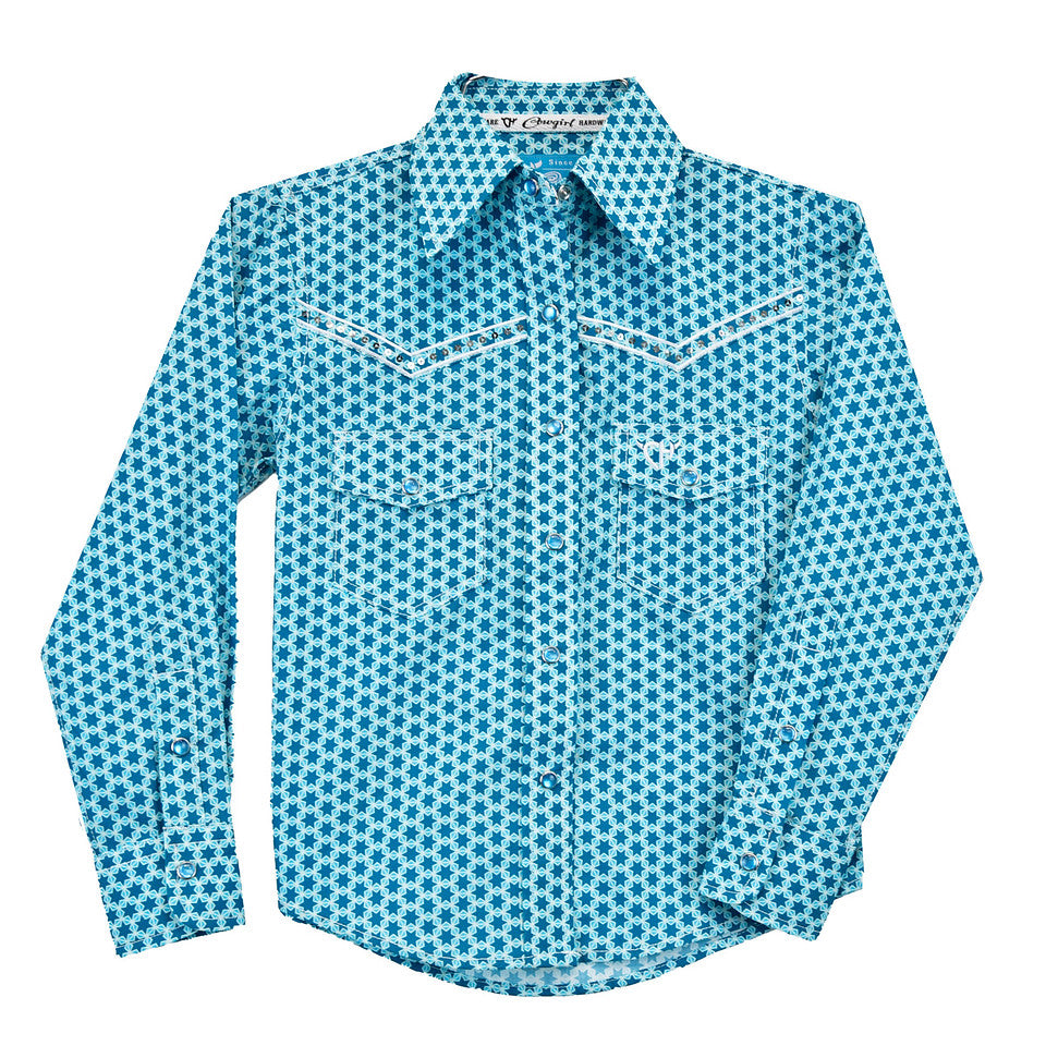 Cowgirl Hardware Girl's Six Star Print Turquoise Snap Shirt 425513-390-K