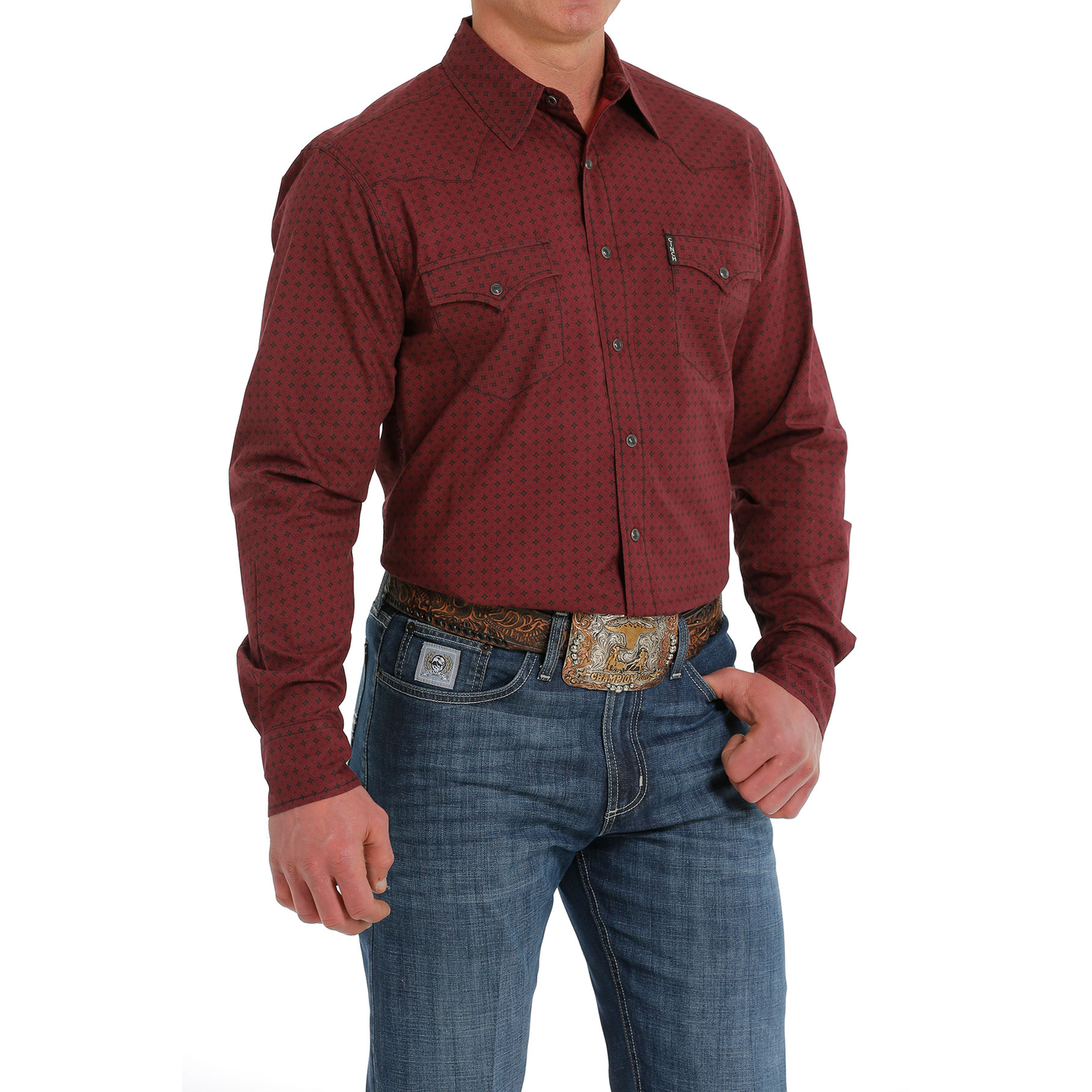 Cinch Men's Geometric Print Burgundy Button Down Shirt MTW1303065