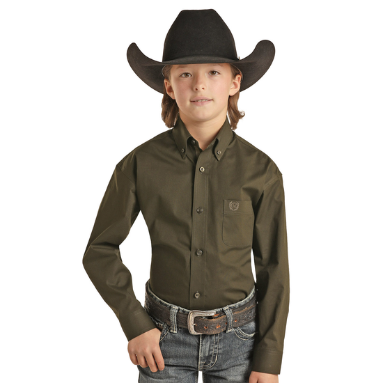 Panhandle Children's Long Sleeve Olive Button Down Shirt C0D2551-31