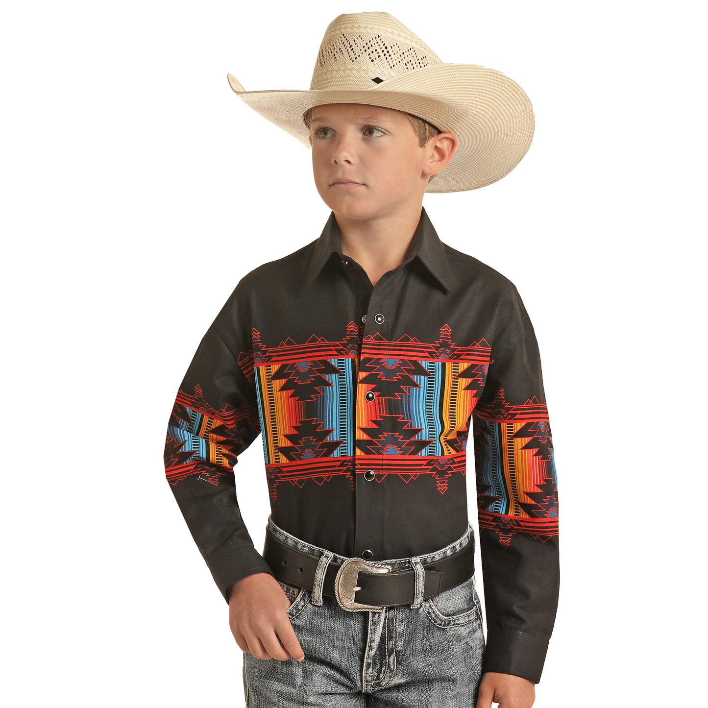 Panhandle® Boy's Western Black Aztec Long Sleeve Snap Shirt PHBSOSR0MW