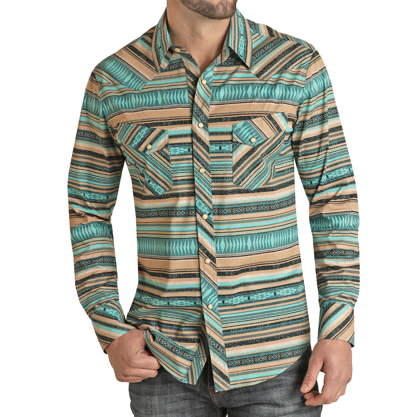 Rock & Roll Denim® Men's Aztec Stripe Woven Teal Snap Button Down Shirt RRMSOSR0PZ