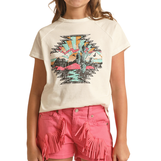Load image into Gallery viewer, Rock &amp;amp; Roll Denim® Girls Aztec Scenery White Graphic T-Shirt RRGT21R10Z

