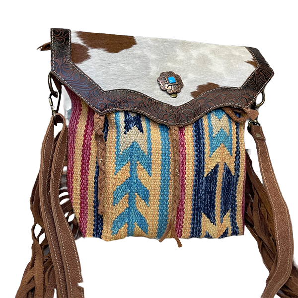 Olay Rug Woven Aztec Print Cowhide & Fringe Light Blue Crossbody Bag LB119