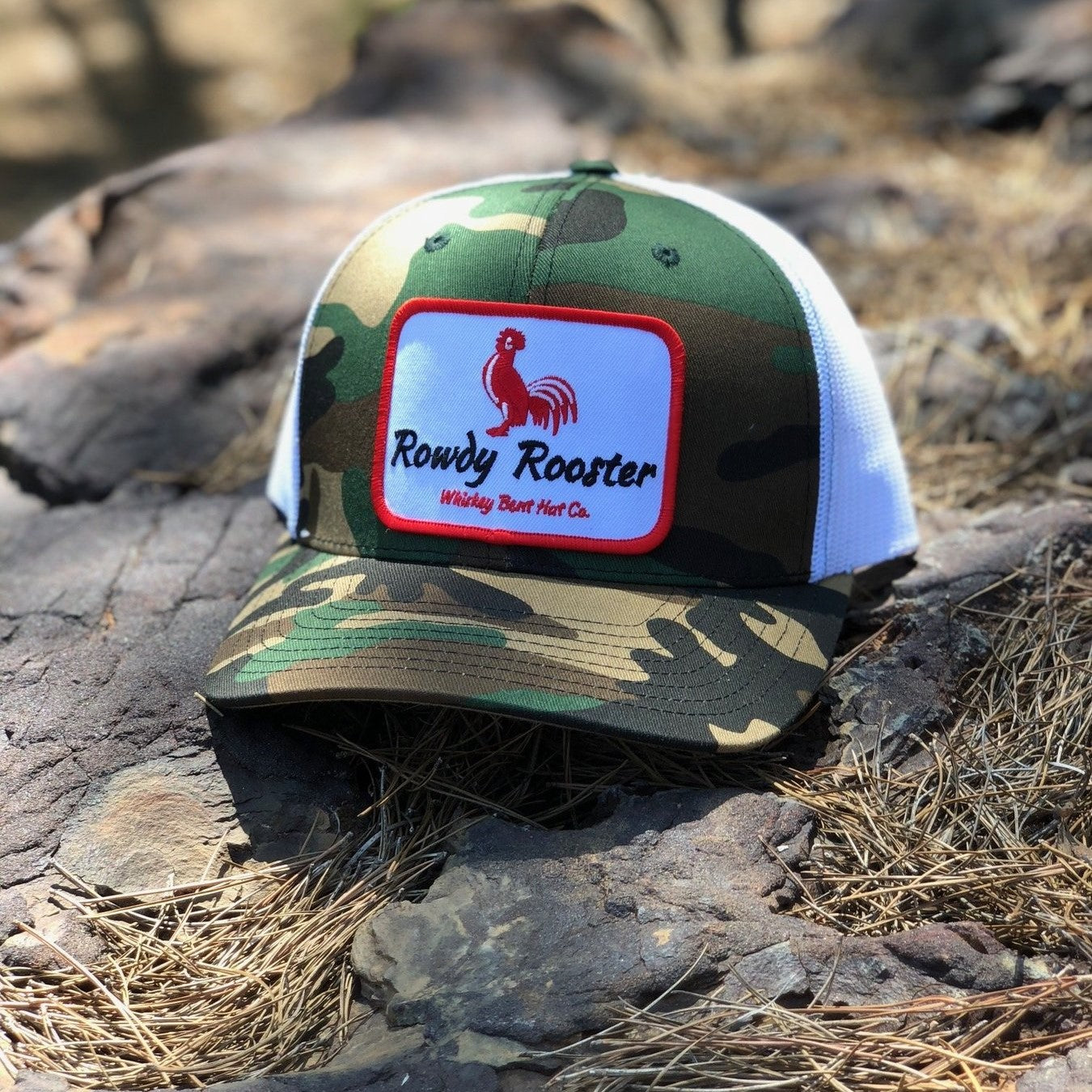Whiskey Bent Men's Rowdy Rooster Camo/White Trucker Hat WB10-CAWH