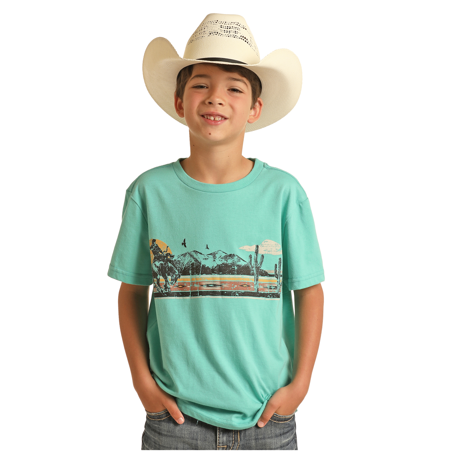 Rock & Roll Denim Boy's Cowboy Scene Turquoise Graphic T-Shirt RRBT21R12K