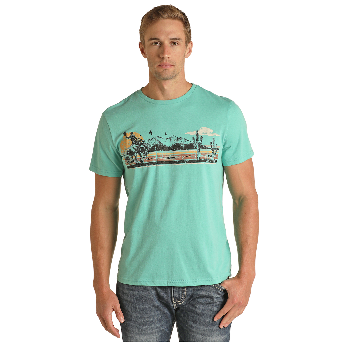 Rock & Roll Denim Men's Cowboy Scene Turquoise Graphic T-Shirt  RRUT21R12K-86