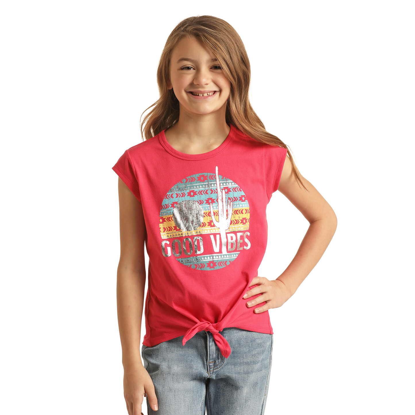 Rock & Roll Girl's Good Vibes Graphic Hot Pink T-Shirt RRGT21RZM0