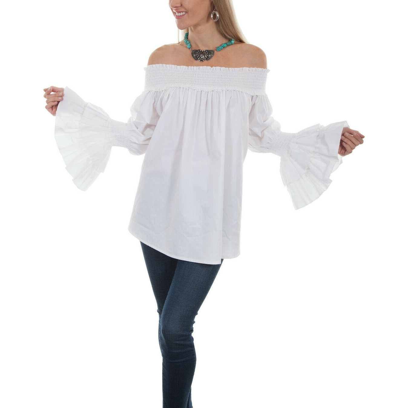 Scully Ladies White Smocked Long Sleeve Shirt HC427-WHT