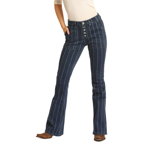 Rock & Roll Cowgirl Ladies Denim High Rise Flare Denim Jeans WHN4135