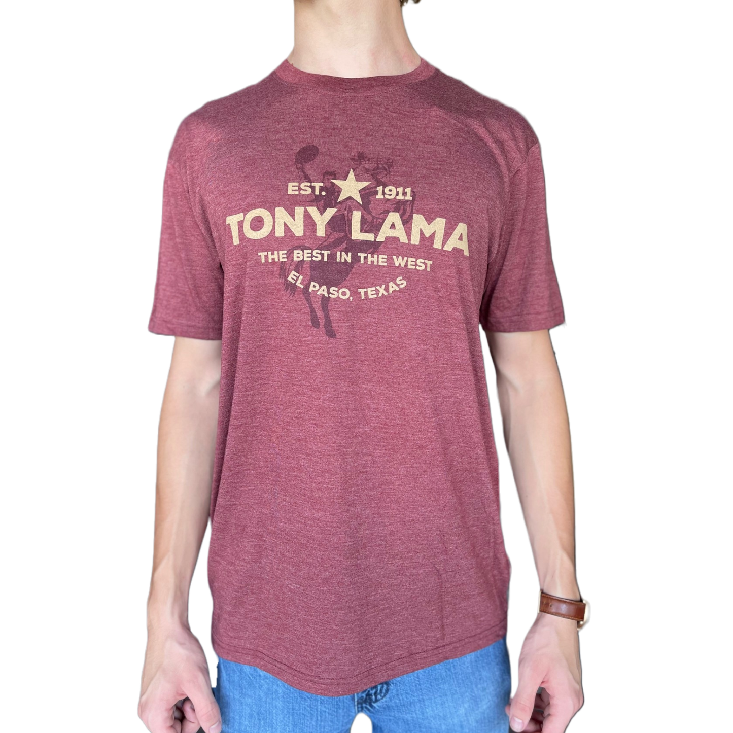 Tony Lama Men's Maroon Heather Cowboy Horse Short Sleeve T-Shirt TL-G3190
